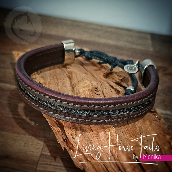 Stitched leather and horsehair stainless steel unisex bracelet