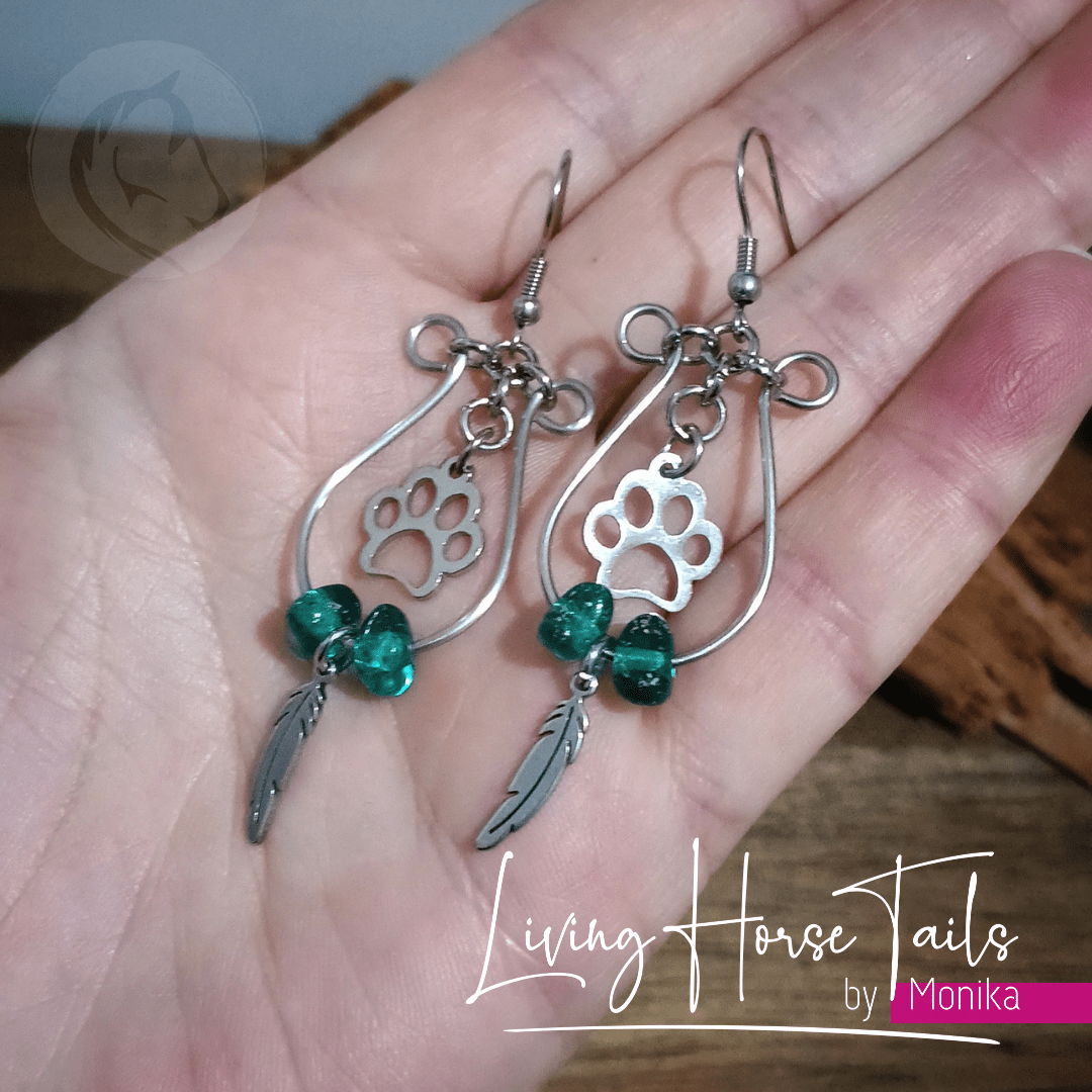 Living Horse Tails Beaded looped paw earrings Custom jewellery Monika Australia horsehair keepsake