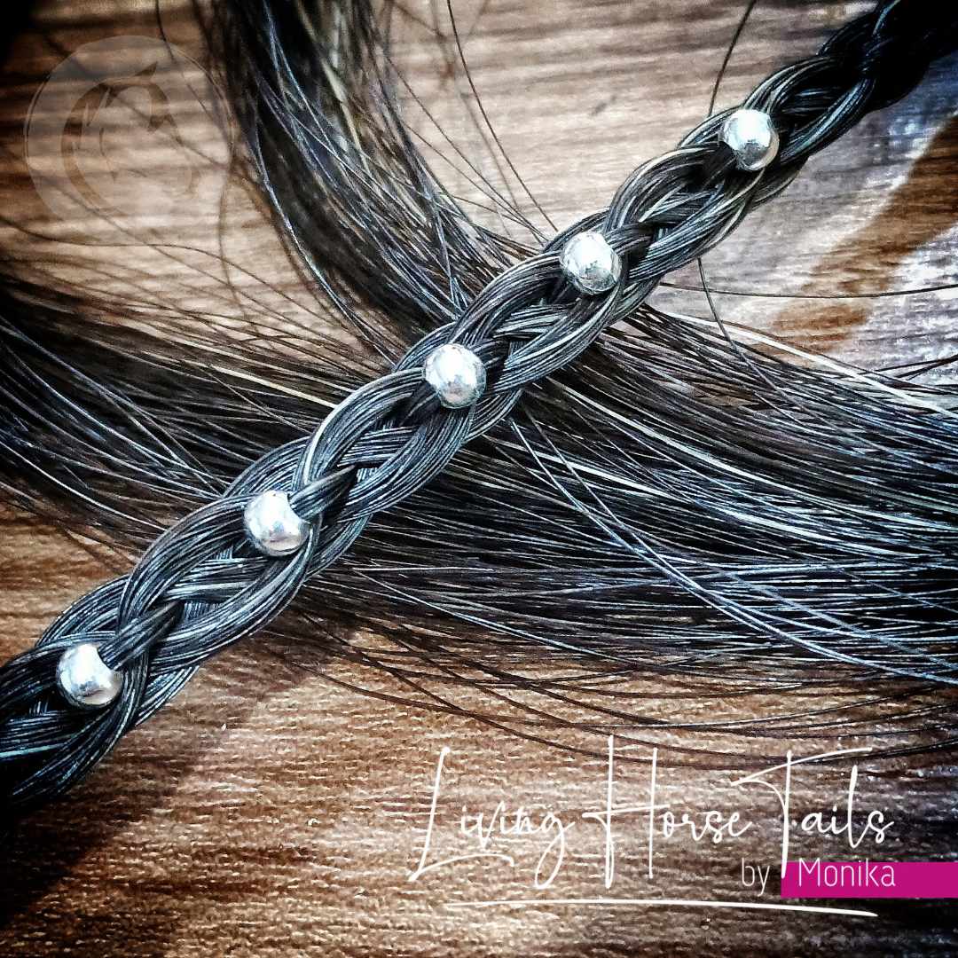 Living Horse Tails Celtic Braid Horse Hair Bracelet with Sterling Silver Beads. Custom jewellery Monika Australia horsehair keepsake