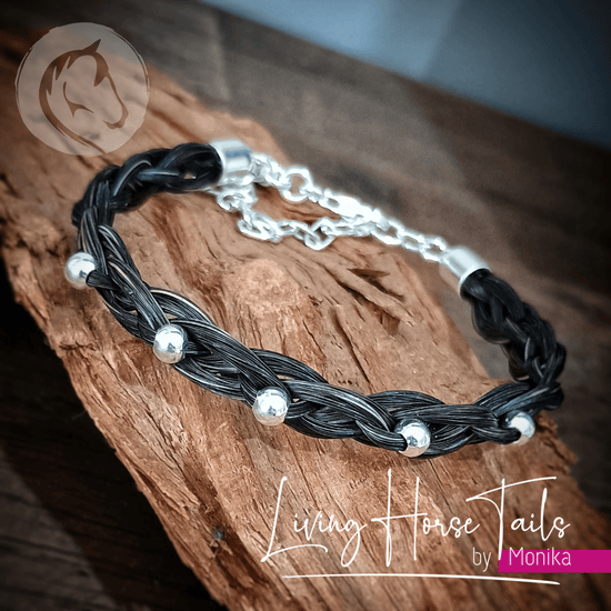 Living Horse Tails Celtic Braid Horse Hair Bracelet with Sterling Silver Beads. Custom jewellery Monika Australia horsehair keepsake