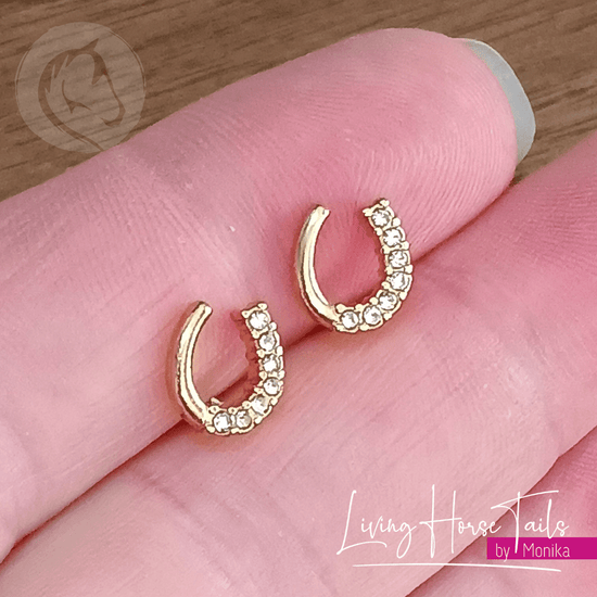 Living Horse Tails Golden Horseshoe Stud Earrings with Rhinestones Custom jewellery Monika Australia horsehair keepsake