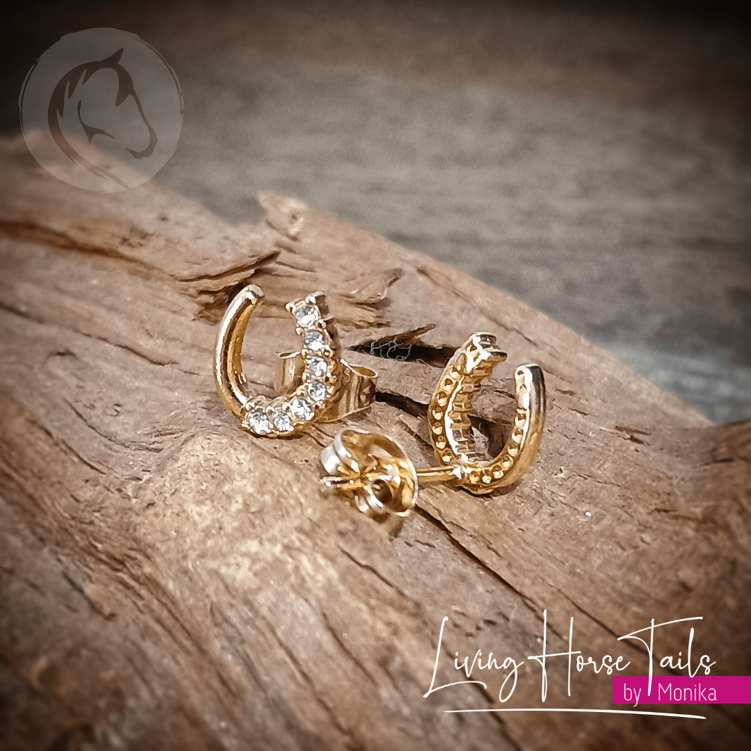 Living Horse Tails Golden Horseshoe Stud Earrings with Rhinestones Custom jewellery Monika Australia horsehair keepsake