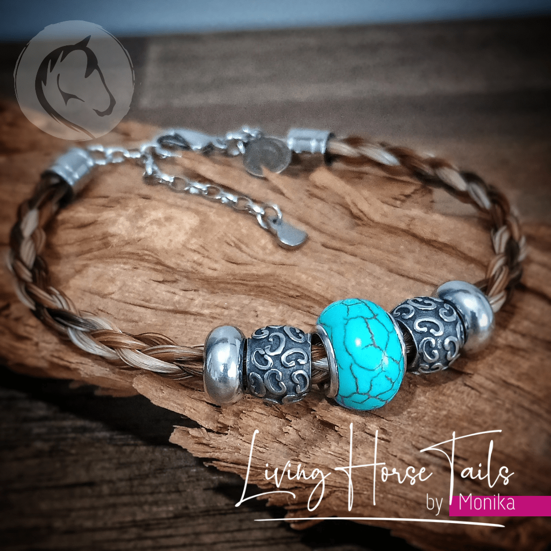 Living Horse Tails "Gypsy" Stainless Steel Gold and Turquoise Coloured Horsehair Bracelet Custom jewellery Monika Australia horsehair keepsake