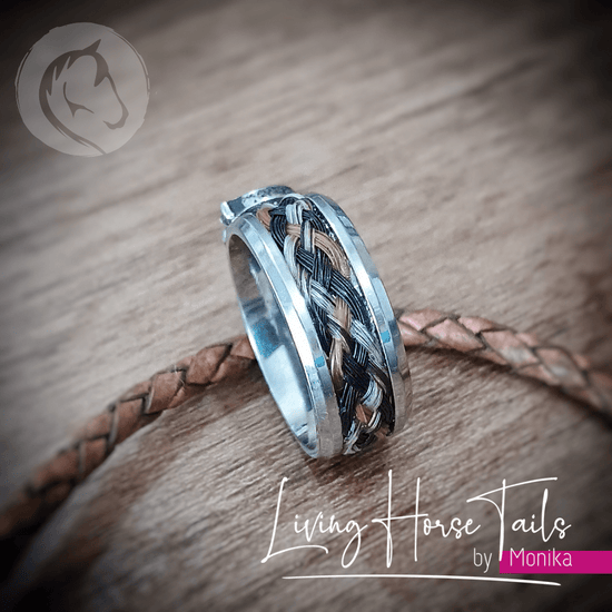 Living Horse Tails Horsehair inlayed ring in stainless steel Custom jewellery Monika Australia horsehair keepsake