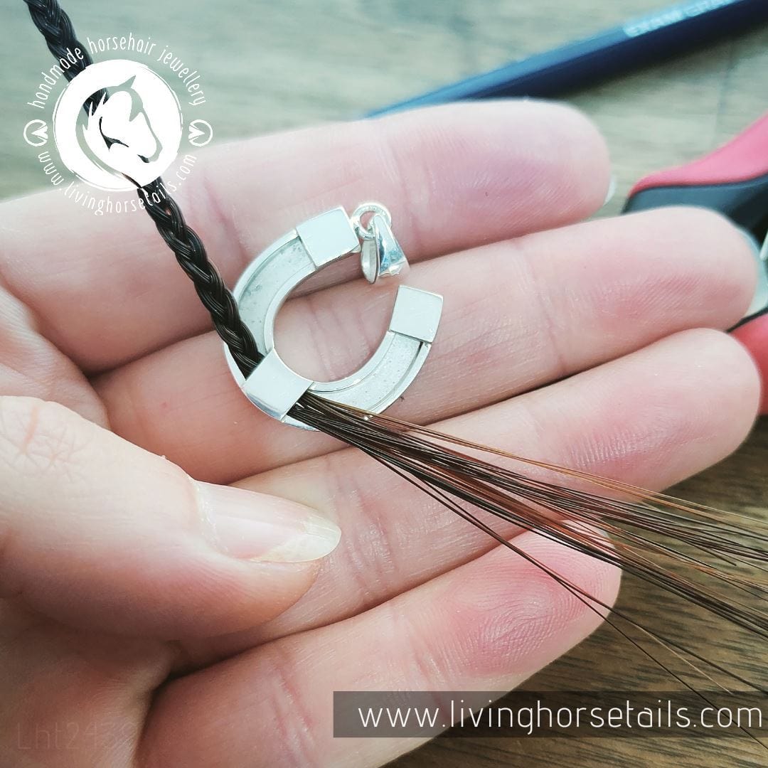 Living Horse Tails Horseshoe Pendant inlaid with Horse Hair Braid Custom jewellery Monika Australia horsehair keepsake