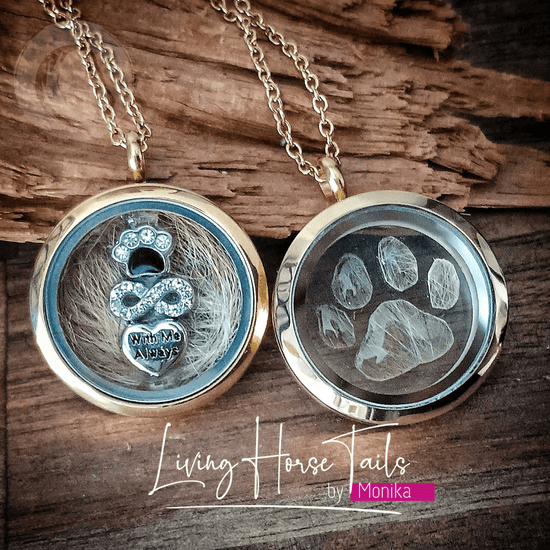 Living Horse Tails Paw fur memorial keepsake locket Custom jewellery Monika Australia horsehair keepsake