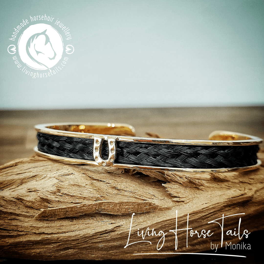 Living Horse Tails Sterling Silver Horsehair Braid Inlaid Cuff / Bangle with Horseshoe detail Custom jewellery Monika Australia horsehair keepsake