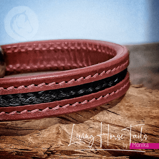 Living Horse Tails Stitched leather and horsehair stainless steel adjustable unisex bracelet Custom jewellery Monika Australia horsehair keepsake