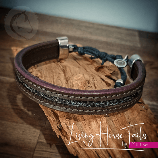 Living Horse Tails Stitched leather and horsehair stainless steel unisex bracelet Custom jewellery Monika Australia horsehair keepsake