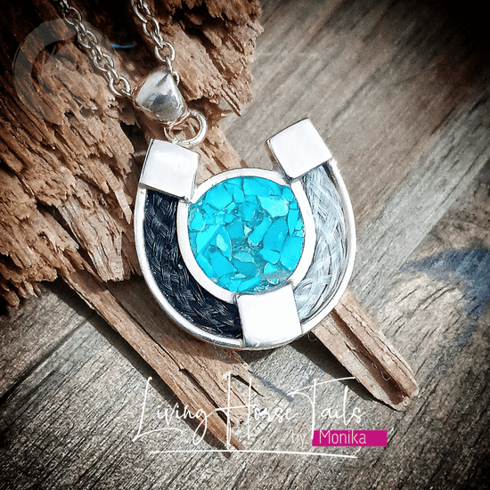 Living Horse Tails Turquoise Sterling Silver Horseshoe Pendant inlaid with Horse Hair Braid Custom jewellery Monika Australia horsehair keepsake