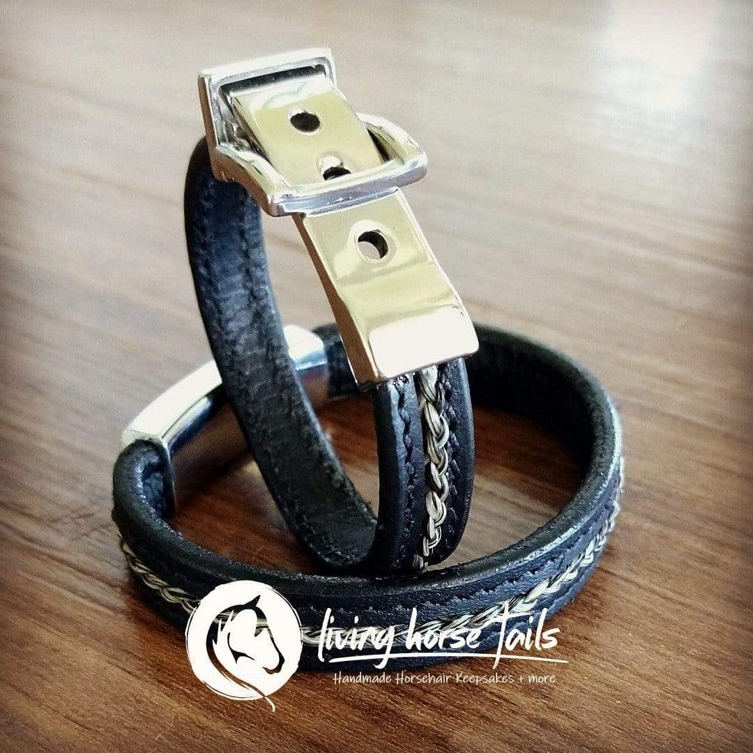 Stainless steel, stitched leather and horsehair buckle bracelet