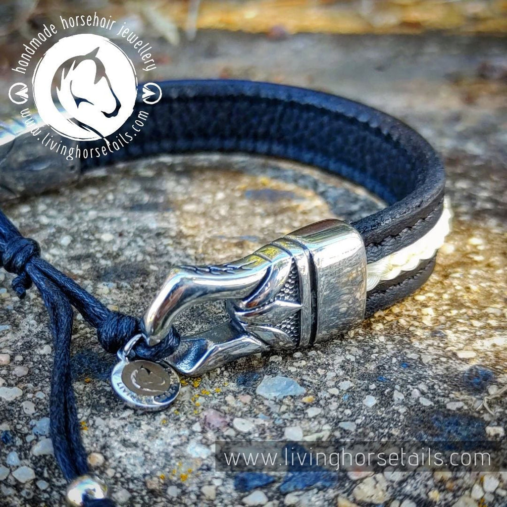 Stainless steel, stitched leather and horsehair buckle bracelet